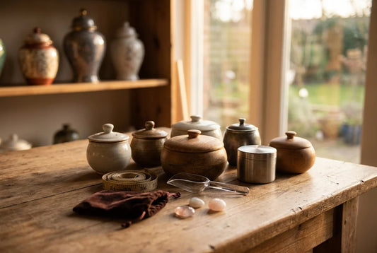 Professional header image for educational tutorial: Small Urns for Ashes in the UK: A Buyer's Guide to Keepsa...